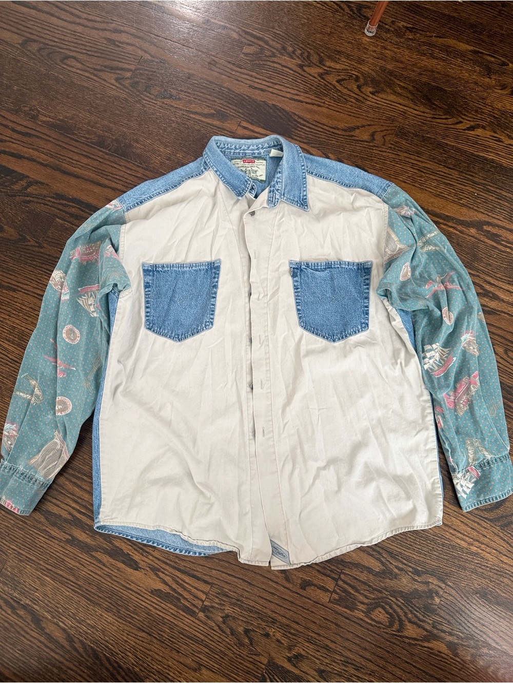 Vintage Levi's Colorblock Nautical Pattern Long Sleeve Denim Patchwork Shirt L